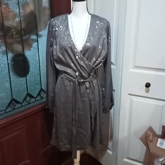 NEW INC Wrap Like Sequin Dress EveninG Wedding Night Out Plunging Neckline Sz L - Picture 1 of 6